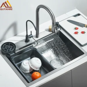 Waterfall Kitchen Sink 304 Stainless Steel Sink Large Single basin With Large Single Slot Sink Above Counter With Cup Disher