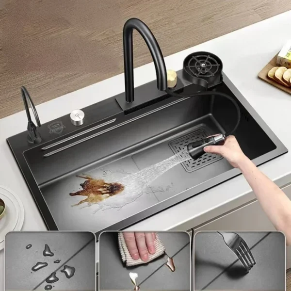 Flying waterfall sink super large single sink Nano 304 stainless steel kitchen household dish basin with manual sink black - Image 3