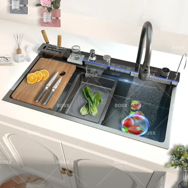 Stainless Steel Kitchen Sink With Waterfall Extra Large Single Slot Cup washer Digital Display Multifunctional Dishwashing Sinks - Image 5