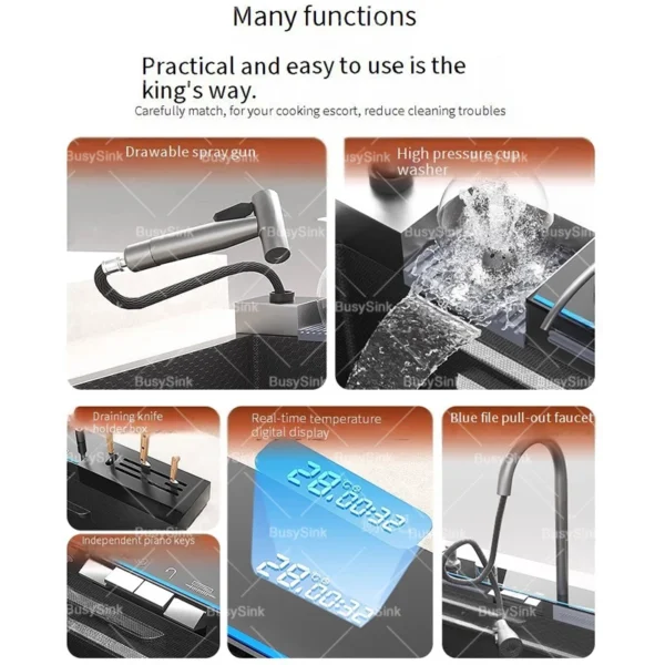 Stainless Steel Waterfall Kitchen Sink Digital Display Extra Large Single Bowl Multifunctional Household Vegetable Washing Sink - Image 4