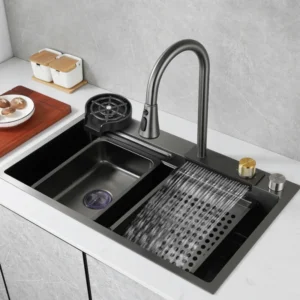 Flying waterfall sink super large single sink Nano 304 stainless steel kitchen household dish basin with manual sink black