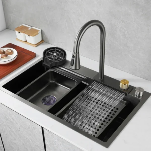 Flying waterfall sink super large single sink Nano 304 stainless steel kitchen household dish basin with manual sink black