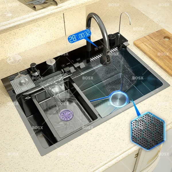 Stainless Steel Kitchen Sink With Waterfall Extra Large Single Slot Cup washer Digital Display Multifunctional Dishwashing Sinks - Image 6