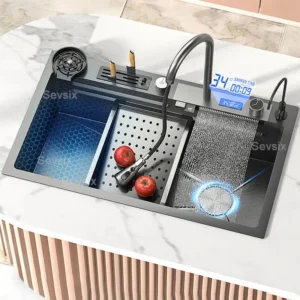 Digital Display Waterfall Kitchen Sink Large Single Slot Nano Stainless Steel Sink Undercounter Honeycomb embossed kitchen sink